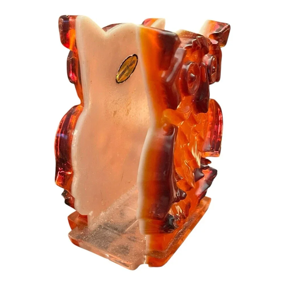 VTG Resin Lucite Hoot Owl Napkin Holder Amber Slag Acrylic MCM 5